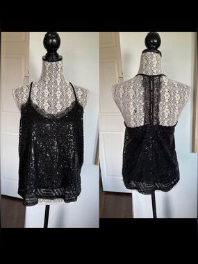 New Large Buffalo Sequin Eyelash Lace Trim Party Cami Tank Top. Black.